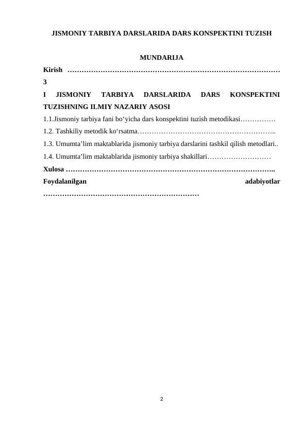 JISMONIY TARBIYA DARSLARIDA DARS KONSPEKTINI TUZISH