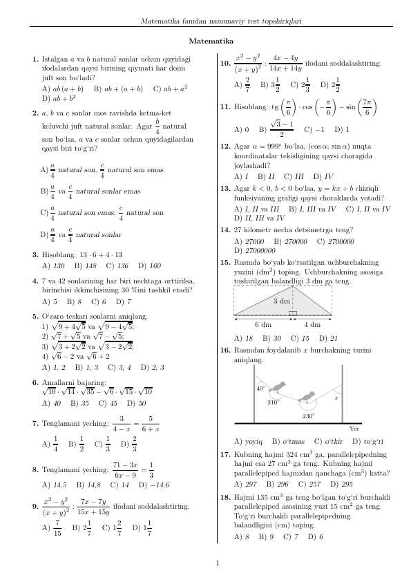 Matematika Akademik litseylar uchun namunaviy test