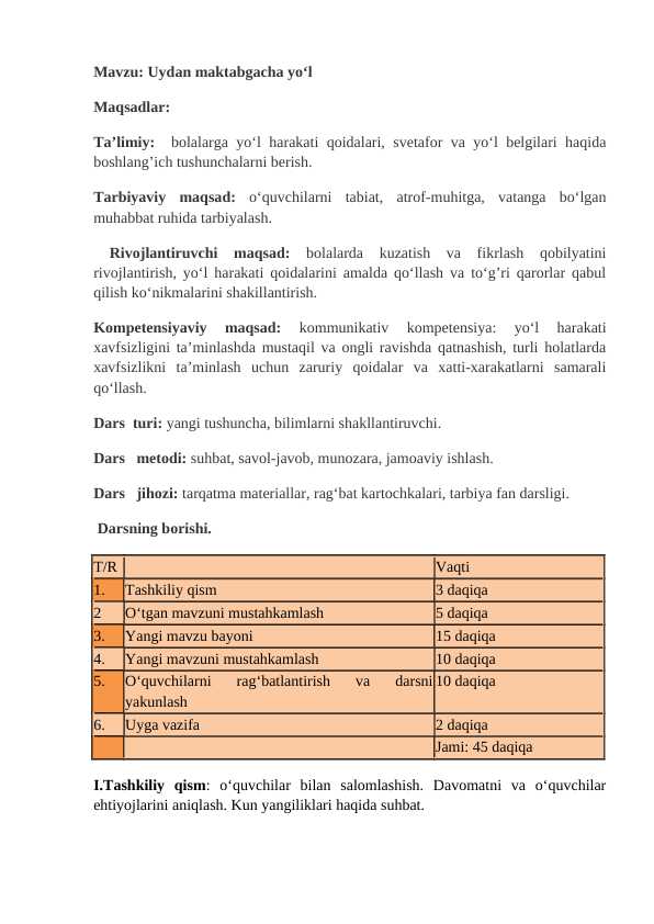 Tarbiya fani Uydan maktabgacha yo‘l dars ishlanma