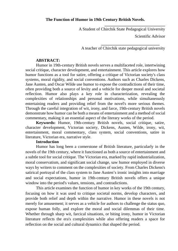 The Function of Humor in 19th Century British Novels.