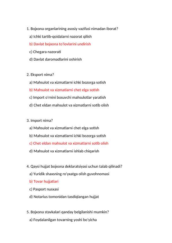 Bojxonaga kiruvchilar uchun  test savolari xxxxxxxxxx