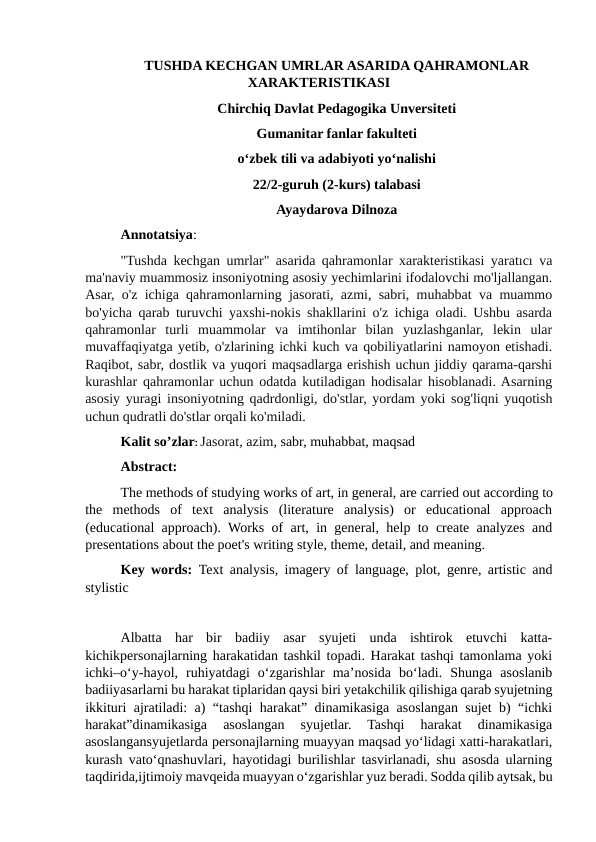 TUSHDA KECHGAN UMRLAR ASARIDA QAHRAMONLAR XARAKTERISTIKASI