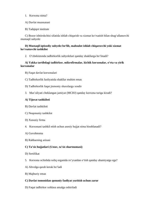 40 ta Test, "Korxona iqtisodiyot" mavzusida