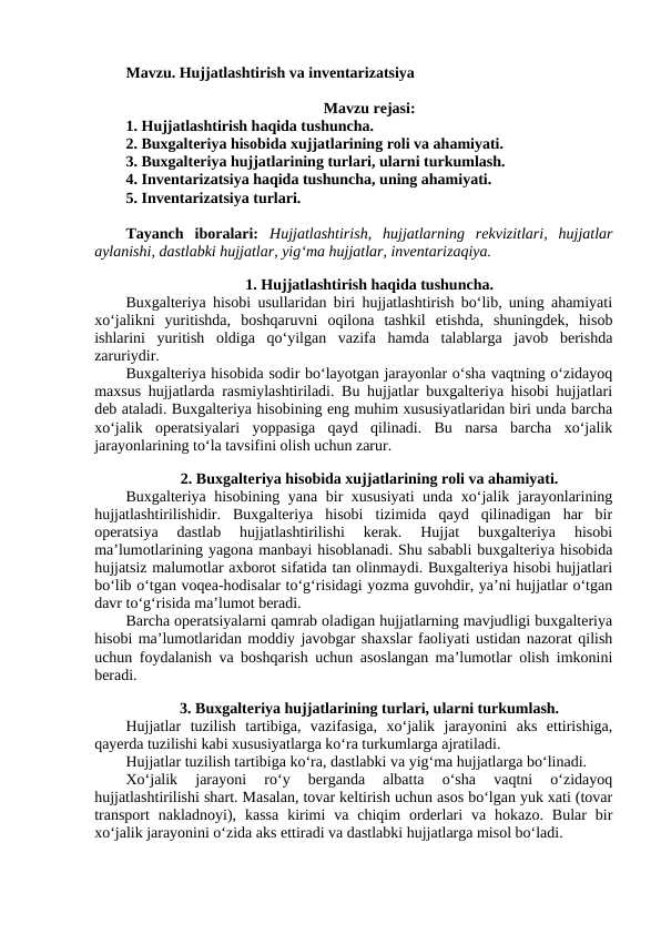 Hujjatlashtirish va inventarizatsiya