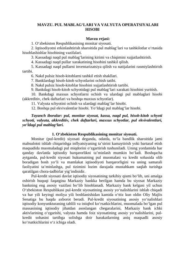 PUL MABLAG‘LARI VA VALYUTA OPERATSIYALARI HISOBI