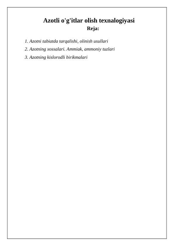 Azotli o'g'itlar olish texnalogiyasi