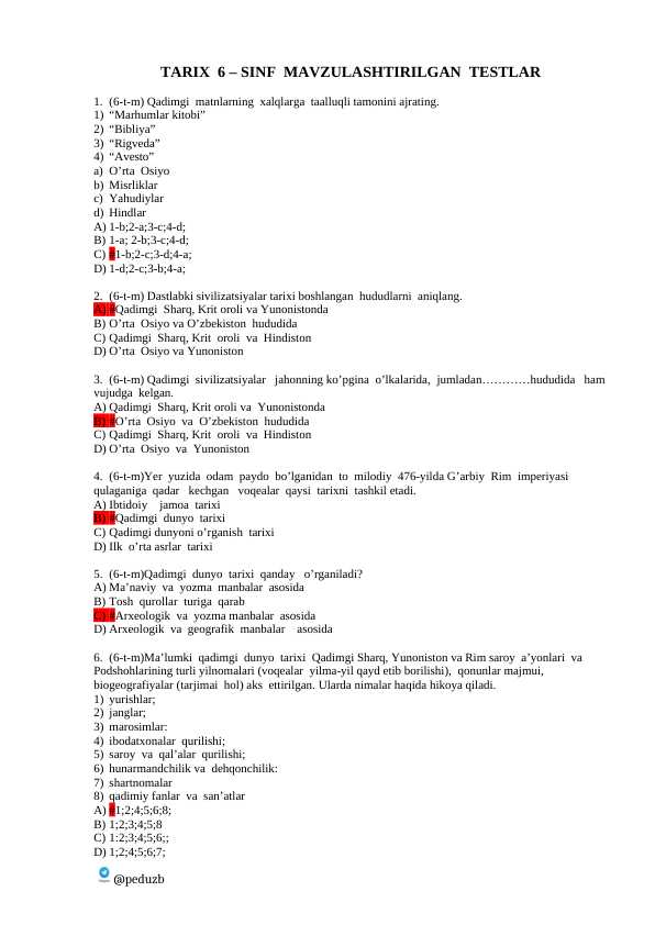 TARIX 6 – SINF MAVZULASHTIRILGAN TESTLA..