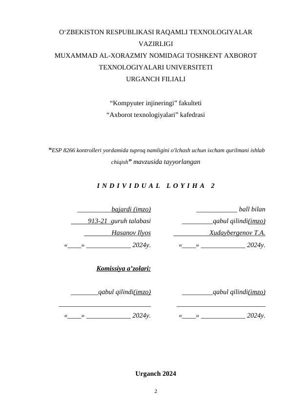 ESP 8266 kontrolleri yordamida tuproq namligini o'lchash uchun ixcham qurilmani ishlab chiqish.