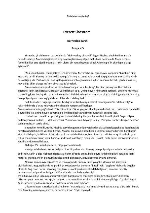 Shostrom Everett Anti Dayl Karnegi to'liq tarjima