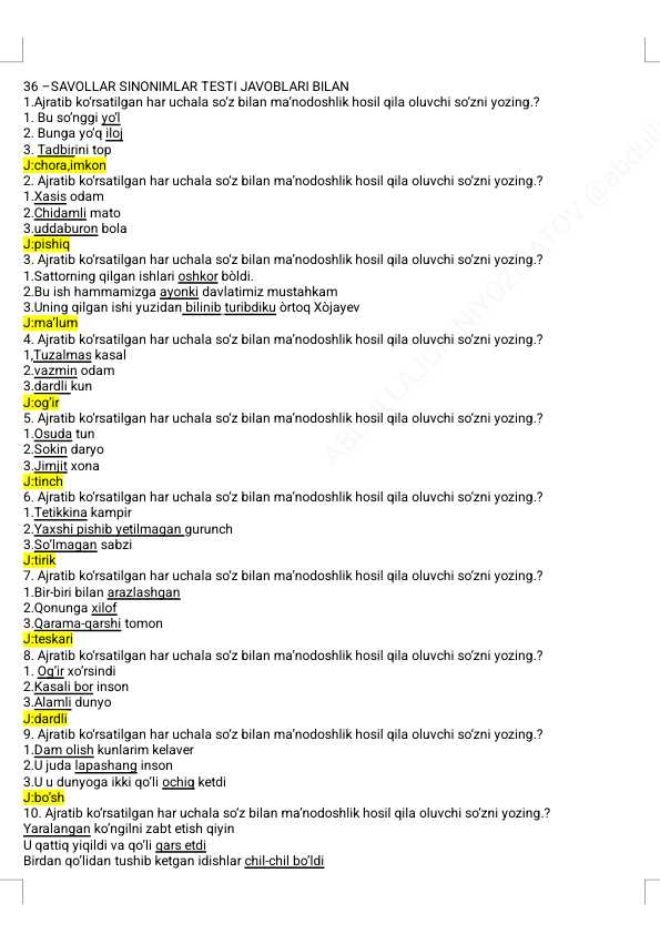 Ona tili fanidan 36 test javoblari bilan