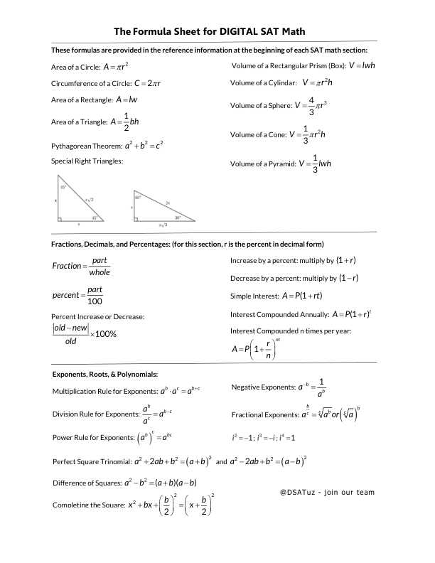 SAT uchun barcha formulalar Matematika
