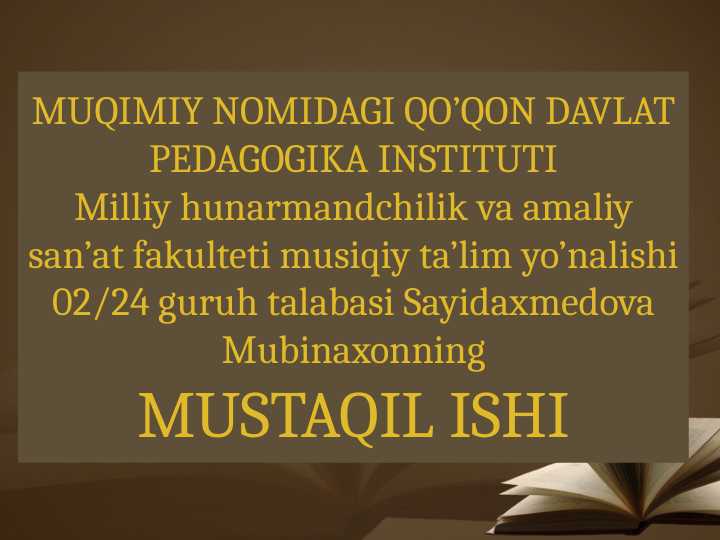 An’anaviy xonandalik haqida ma’lumot. “Ey nozanin” J.Sultonov musiqasi, muqimiy g’azali.