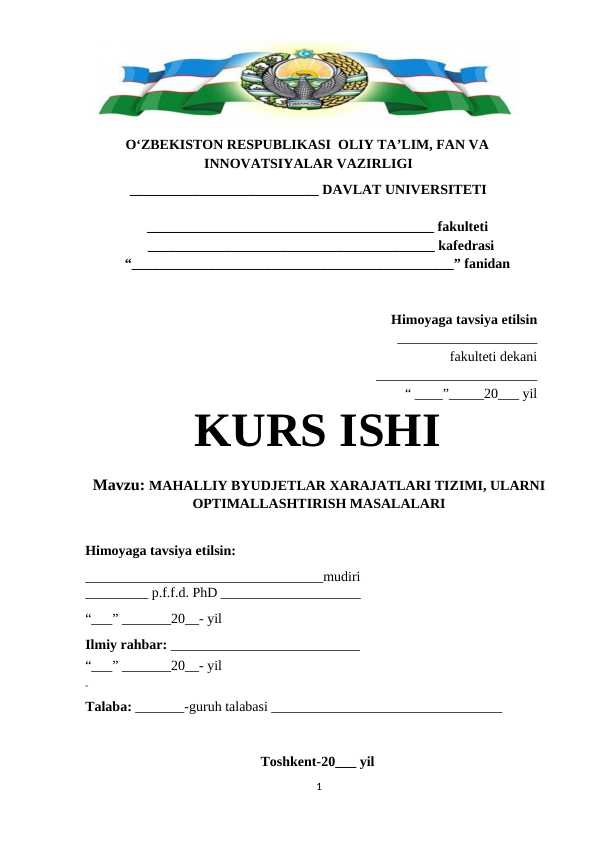 MAHALLIY BYUDJETLAR XARAJATLARI TIZIMI, ULARNI OPTIMALLASHTIRISH MASALALARI