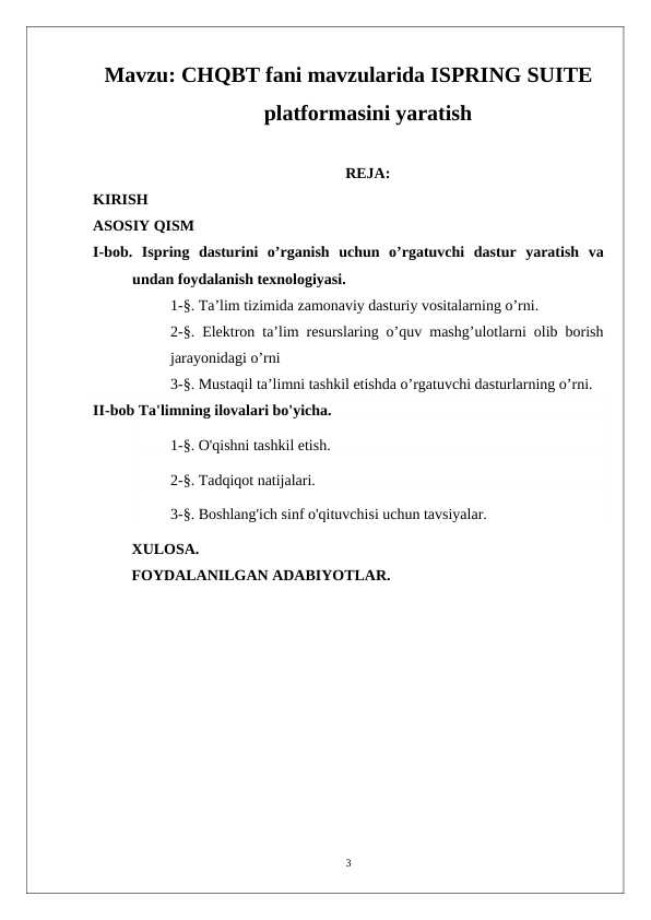 CHQBT fani mavzularida ISPRING SUITE platformasini yaratish