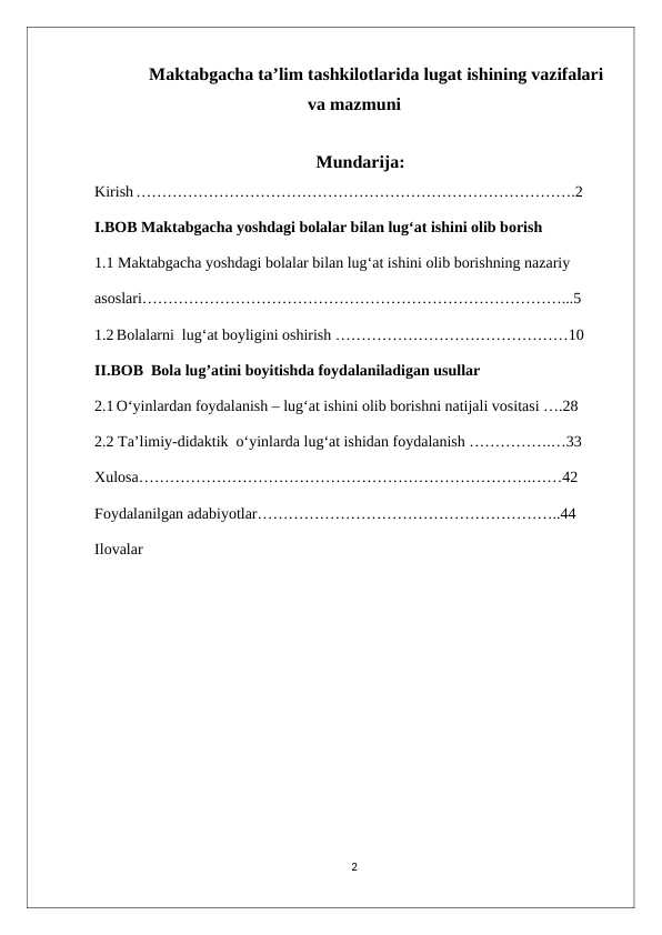 Maktabgacha ta’lim tashkilotlarida lugat ishining vazifalari va mazmuni