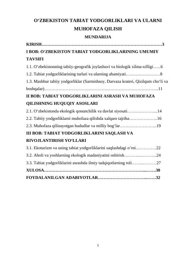 OʻZBEKISTON TABIAT YODGORLIKLARI VA ULARNI MUHOFAZA QILISH