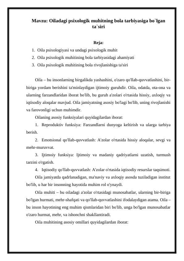 Oiladagi psixologik muhit