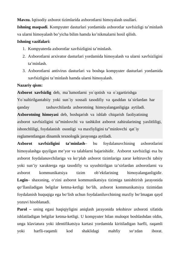 Iqtisodiy axborot tizimlarida axborotlarni himoyalash usullari.