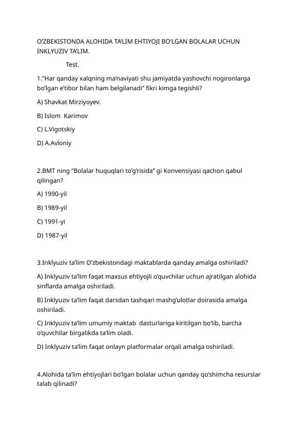 O'zbekistonda alohida ta'lim ehtiyoji bo'lgan bolalar uchun inklyuziv ta'lim