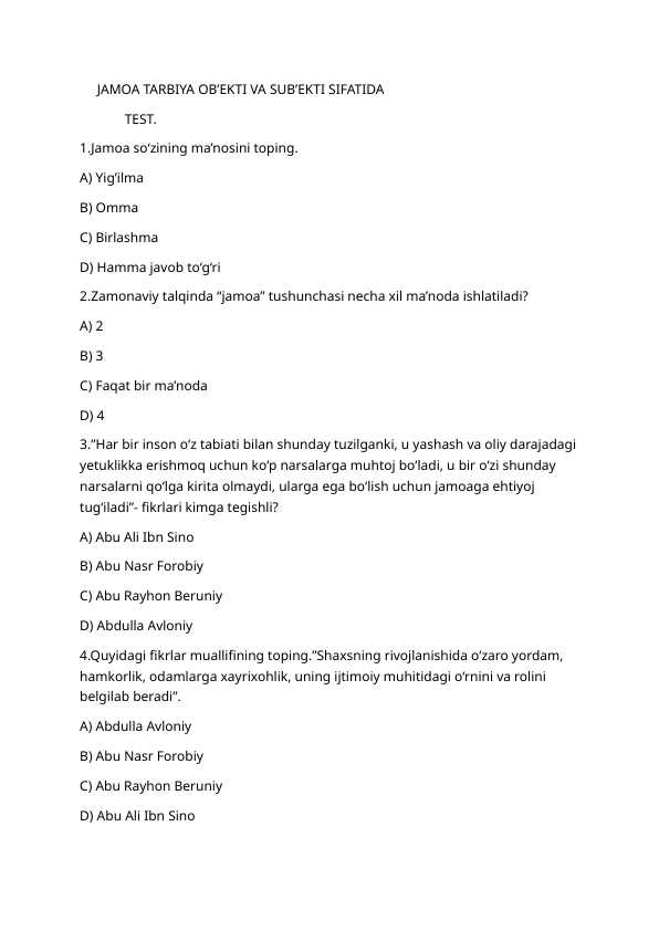 Jamoa tarbiya ob'ekti va sub'ekti sifatida