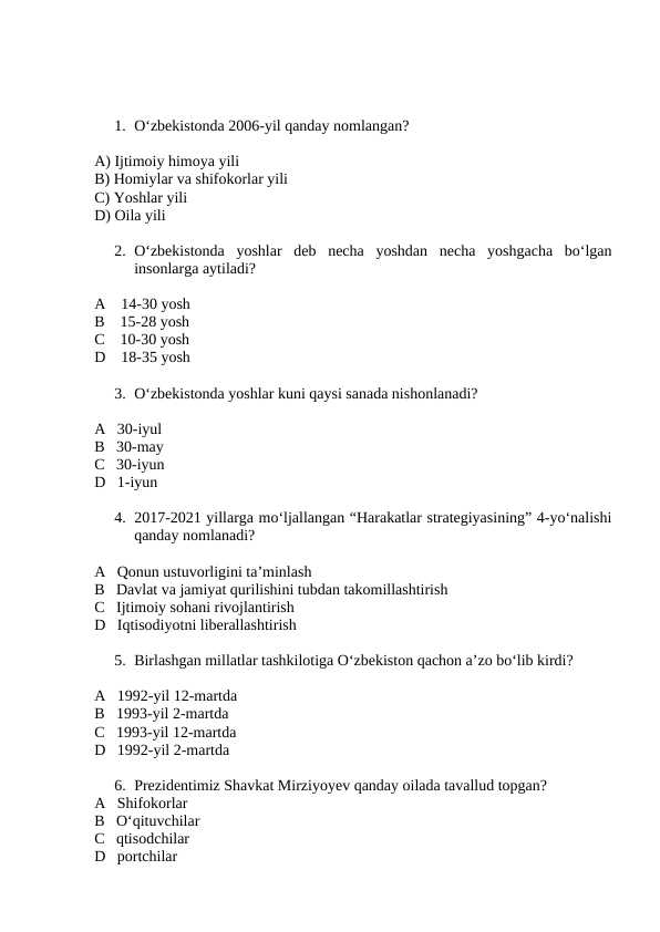 o'zbekistonning eng yangi tarixi  test