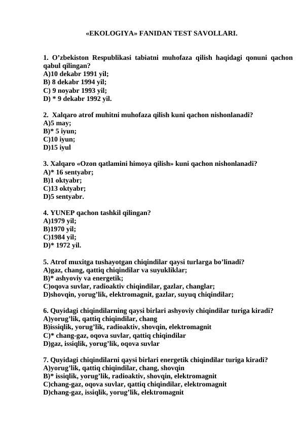 «ekologiya» fanidan test savollari