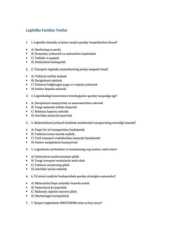 Logistika fanidan testlar