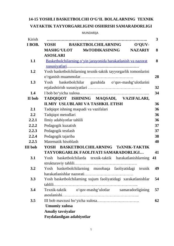 14-15 YOSHLI BASKETBOLCHI O‘G‘IL BOLALARNING  TEXNIK VATAKTIK TAYYORGARLIGINI OSHIRISH SAMARADORLIGI