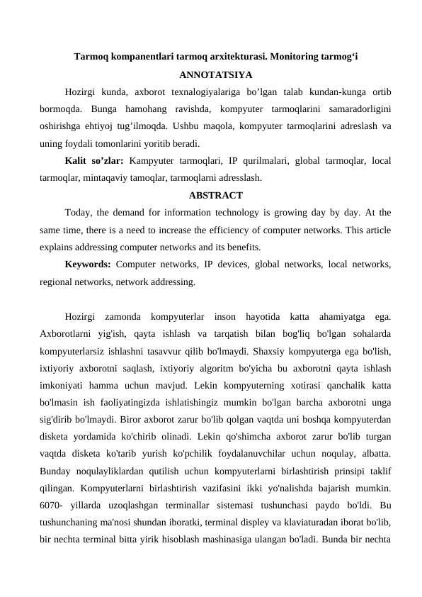 Tarmoq kompanentlari tarmoq arxitekturasi. Monitoring tarmogʻi