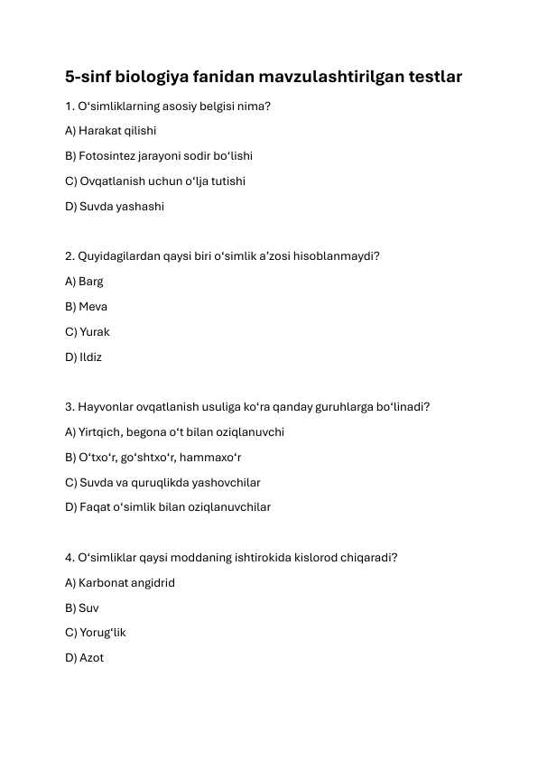 5-sinf biologiya fanidan testlar javoblari bilan