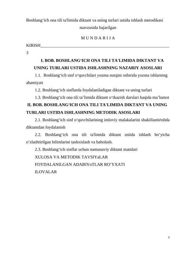Bоshlang‘ich оna tili ta'limida diktant va uning turlari ustida ishlash metоdikasi mavzusida bajarilgan