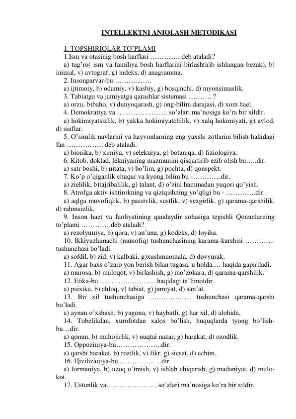 Ichki ishlar akademiyasiga kiruvchilar uchun psixologik testlar toʻplami