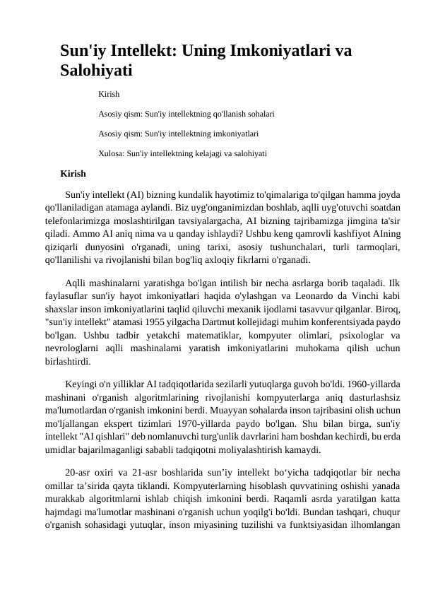 Sunʼiy intellekt.Uning imkoniyatlari va salohiyati