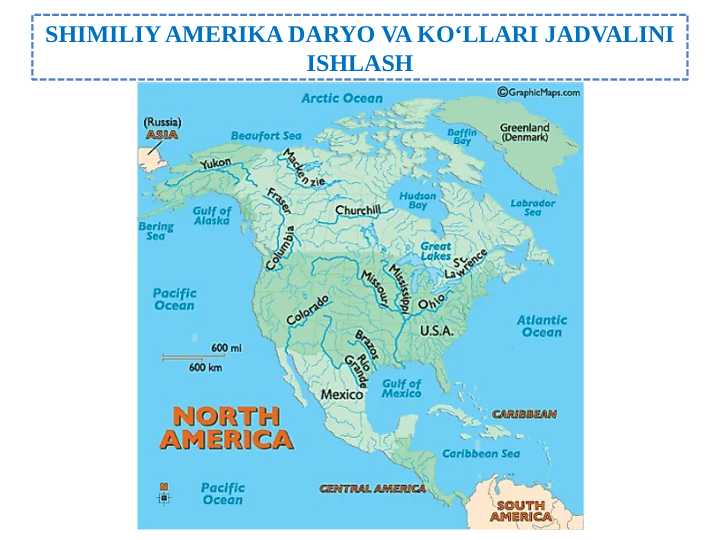 Shimiliy Amerika daryo va ko‘llari jadvalini ishlash