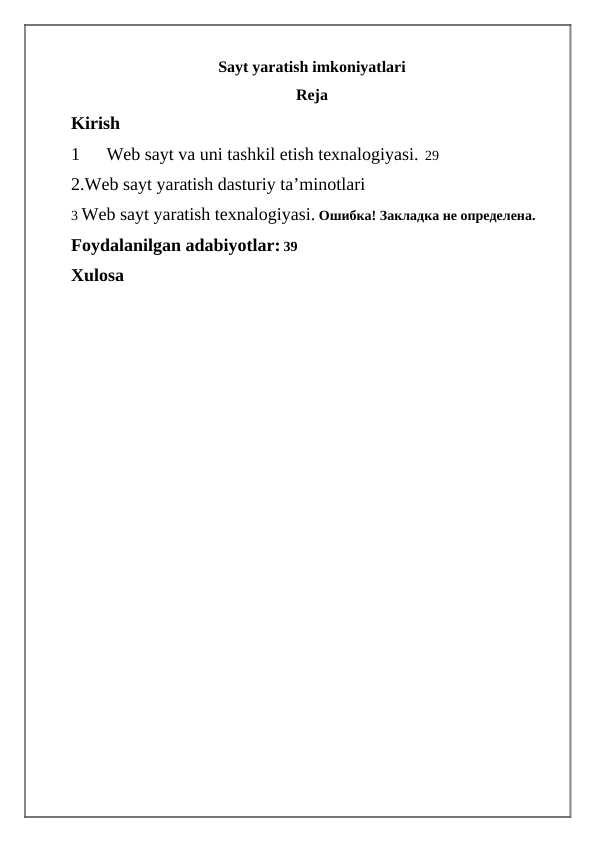 Sayt yaratish imkoniyatlari