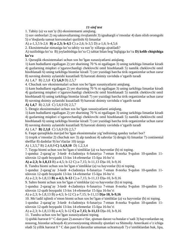 11-sinf test biologiya fanidan mavzulashtirilgan testlar 47 varaq