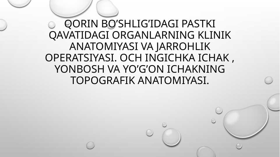 Qorin bo’shlig’idagi pastki qavatidagi organlarning klinik anatomiyasi va jarrohlik operatsiyasi. Och ingichka ichak , yonbosh va yo’g’on ichakning topografik anatomiyasi.