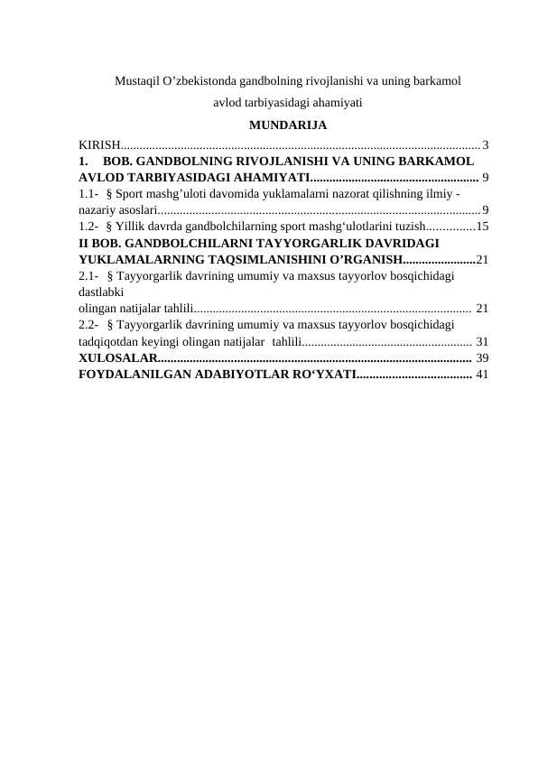 Mustaqil O’zbekistonda gandbolning rivojlanishi va uning barkamol