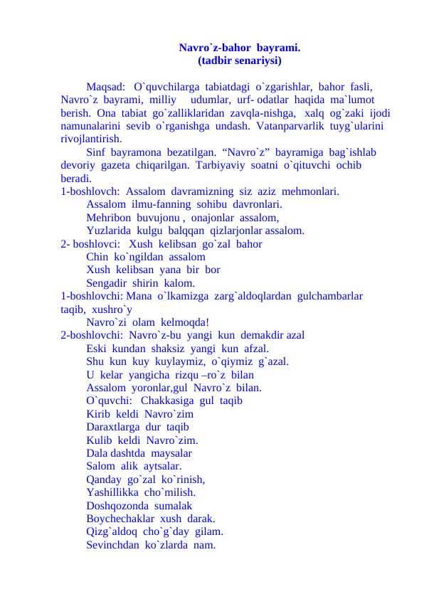 Navro`z-bahor bayrami tadbir senariysi