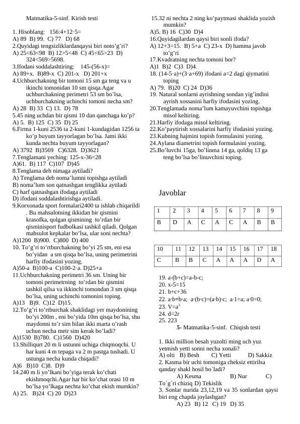 Matematika fanidan testlar 5-9-sinflar uchun, javoblari bilan