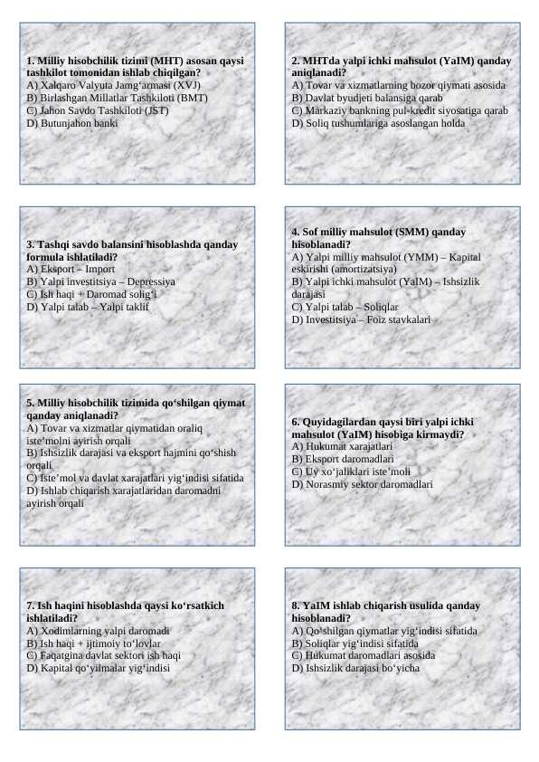 Milliy hisobchilik tizimida boshqa korsatkichlar test