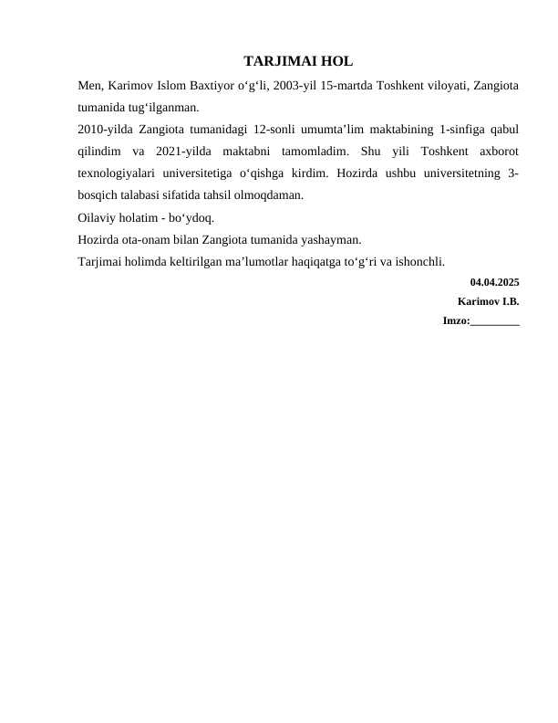 Tarjimai hol blankasi namuna