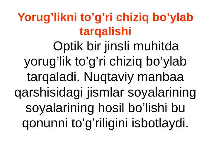 Yorug’likni to’g’ri chiziq bo’ylab tarqalishi