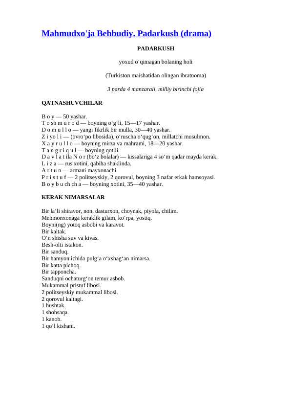 Mahmudxo'ja Behbudiy. Padarkush (drama)