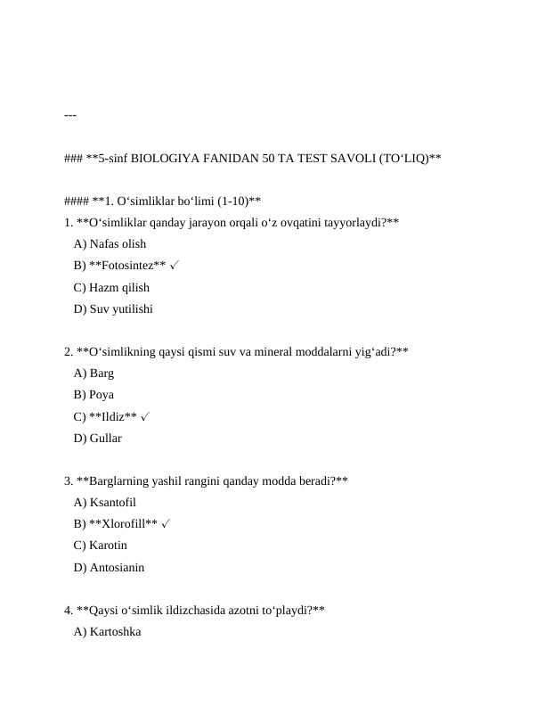 5 sinf Biologiya fanidan mavzulashtirilgan test