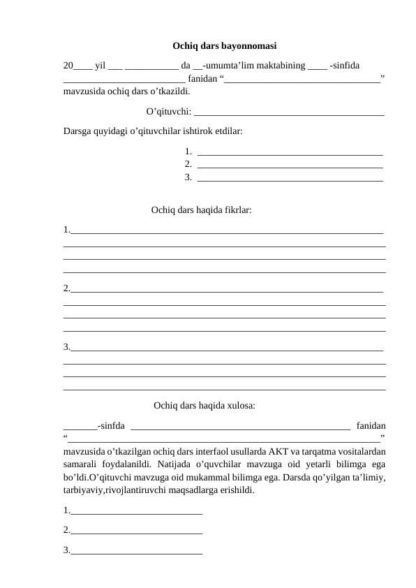 Ochiq dars bayonnomasi namunasi (shablon)