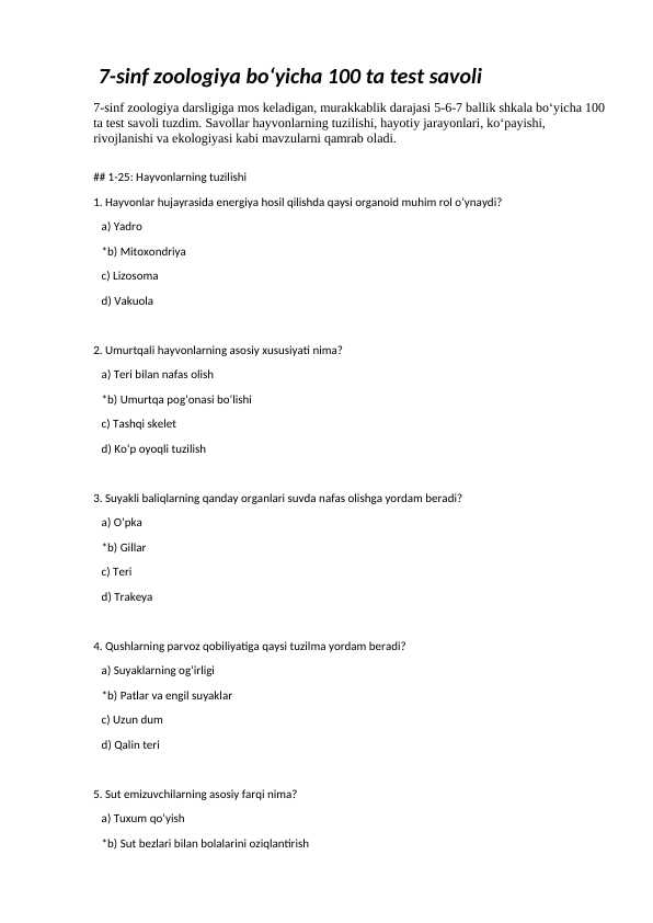 7-Zoologiya Fanidan 100 ta Test Savollari | Zoologiya Testlari | Imtihonga Tayyorlov