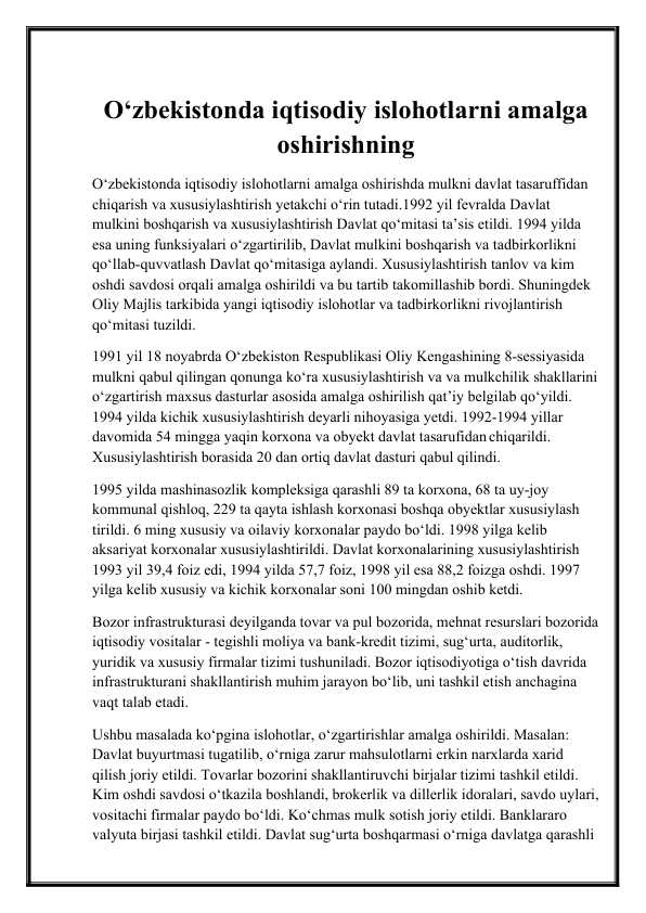 Oʻzbekistonda Iqtisodiy Islohotlar: 2020-2024 Yillardagi Yangilanishlar va Natijalar" - 1-Kurs Talabalari uchun Tayyor Referat | Word Formatda Yuklab Olish