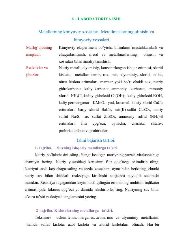 Metallаrning kimyoviy xossаlаri. Metallmaslаrning olinishi va kimyoviy xossаlаri.