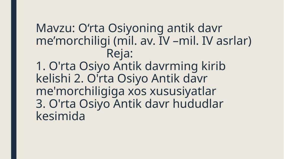 O‘rta Osiyoning antik davr me’morchiligi (mil. av. IV –mil. IV asrlar)
